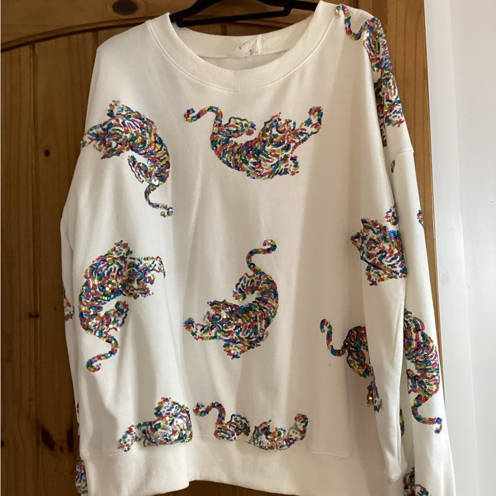 Fantastic Fawn White Crewneck with Multicolor Sequin Tigers